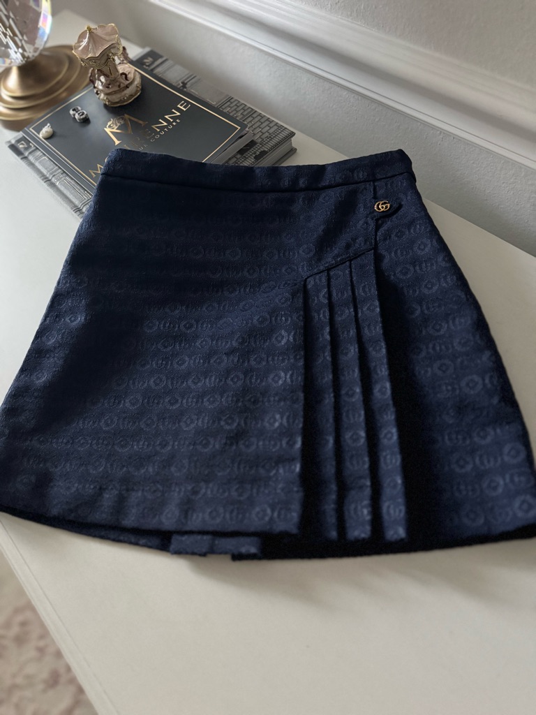 Gucci Navy Jacquard Pleated Mini Skirt
